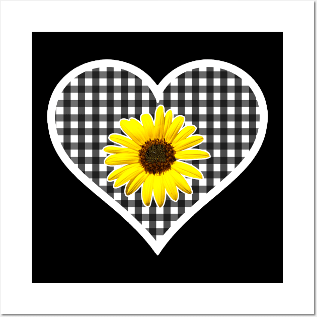 White and Black Gingham Heart with Yellow Daisy Wall Art by bumblefuzzies